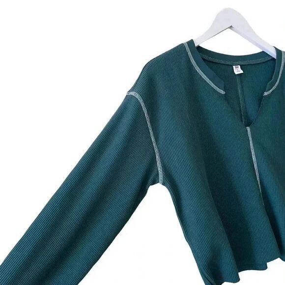 BP by Be Proud Women's Split Neck Thermal Cropped Top Green Moss Waffle SZ S - Picture 4 of 12